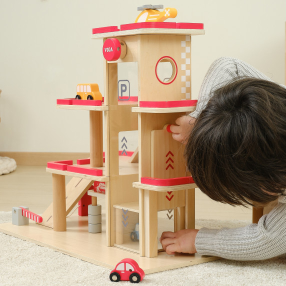 VIGA Wooden Parking for Cars with Elevator for 4 Cars and Helicopter