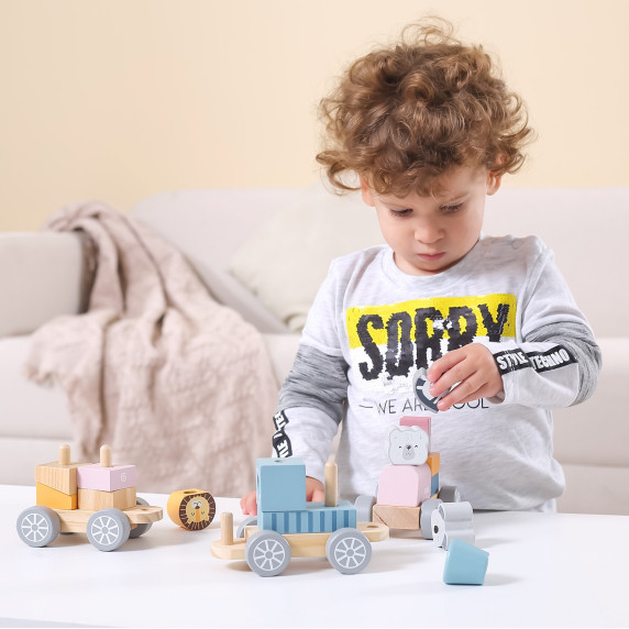 VIGA PolarB Wooden Train with Carriages and Animals for Montessori Stacking