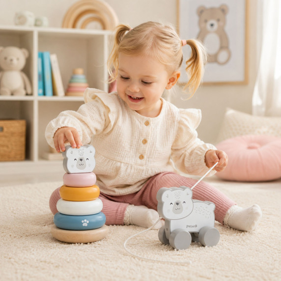 VIGA PolarB Polar Bear Set Wooden Pyramid + Polar Bear to Pull
