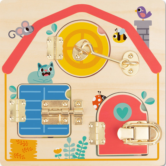 Tooky Toy Wooden Manipulative Board Opening and Closing Locks with Animals