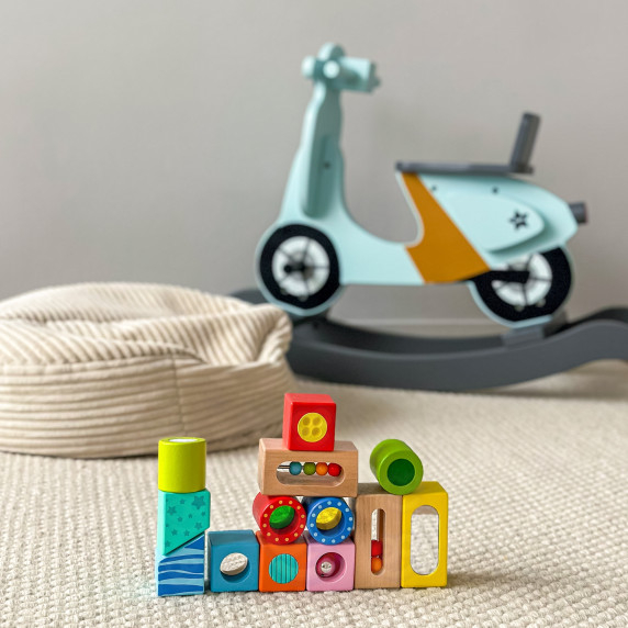TOOKY TOY Wooden Box Sensory Blocks Multifunctional Puzzle Shapes Sound Touch 12 pcs.