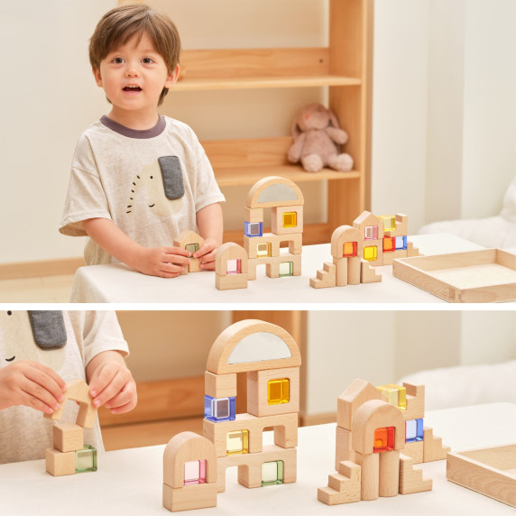 VIGA Wooden Construction Blocks with Colored Windows 32 pcs.