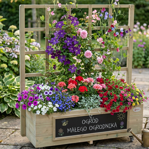 Classic World Edu Wooden Flower Stand on Wheels Garden Cart with Blackboard