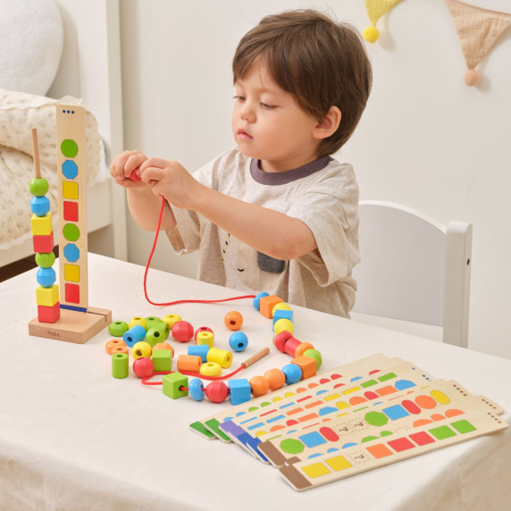 VIGA Wooden Beads for Stringing Sequencing Patterns 64 pcs 3+