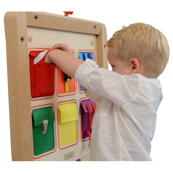 MASTERKIDZ Wooden Flex Wall Manipulation Board with Colorful Pockets, Buckles and Velcro