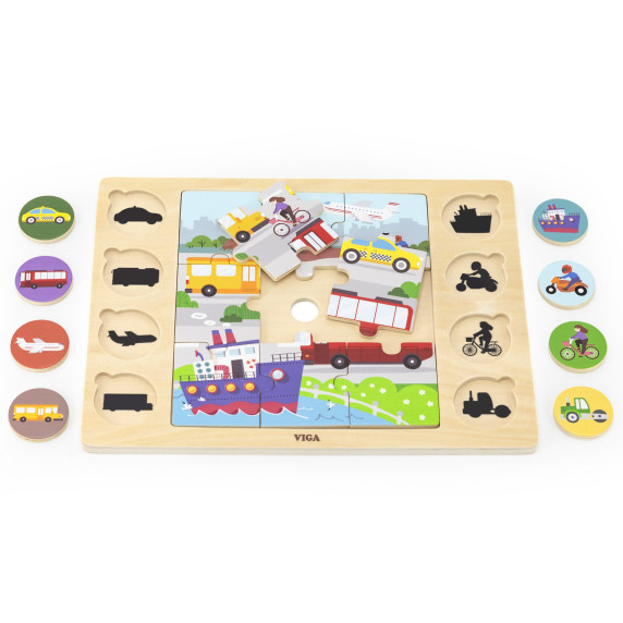 VIGA Wooden Puzzle Guess the Shadow - Means of Transport 17-piece puzzle