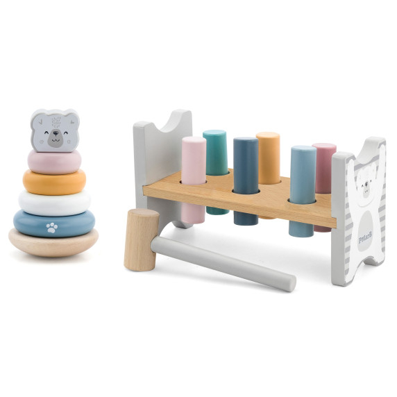VIGA PolarB Set Wooden Pyramid + Polar Bear Hammer Punch Montessori
