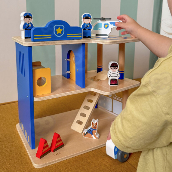 VIGA Wooden Police Station Police Car 3 levels 14 pieces