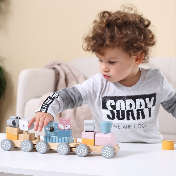 VIGA PolarB Wooden Train with Carriages and Animals for Montessori Stacking