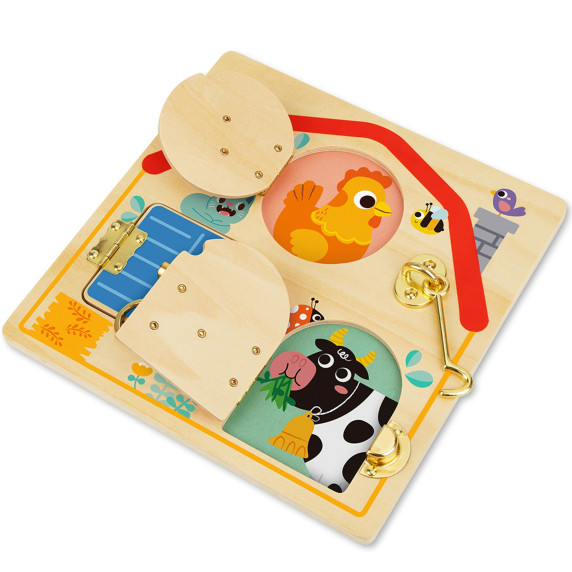 Tooky Toy Wooden Manipulative Board Opening and Closing Locks with Animals
