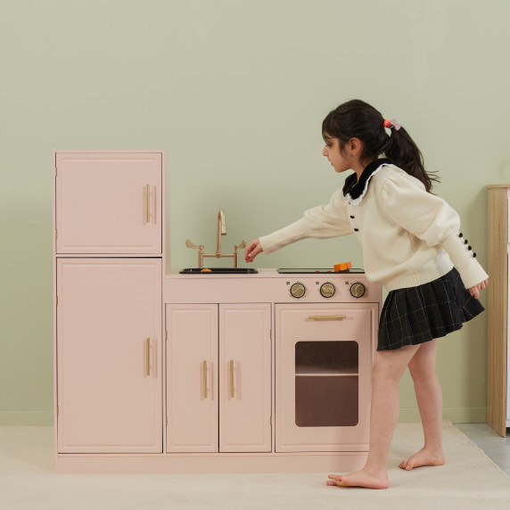 VIGA PolarB Wooden Interactive Kitchen Pink Set with Fridge and Sink