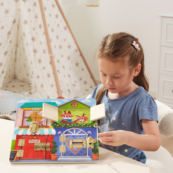 VIGA Wooden Manipulative Board for Opening Locks and Latches Montessori House