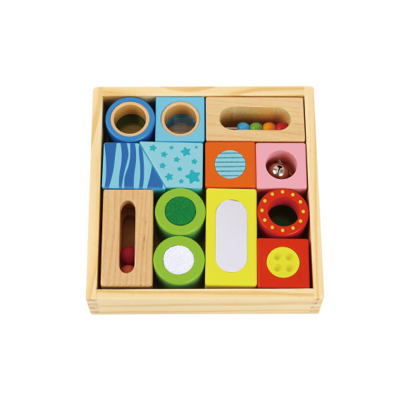 TOOKY TOY Wooden Box Sensory Blocks Multifunctional Puzzle Shapes Sound Touch 12 pcs.
