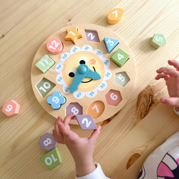 TOOKY TOY Wooden Clock Educational Toy Learning Time Shapes
