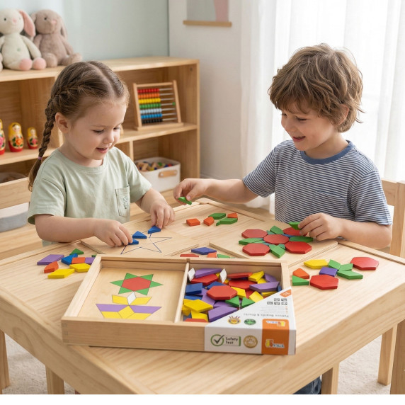 VIGA Wooden Geometric Mosaic Dienes Blocks Montessori Logical Puzzle 148 pieces