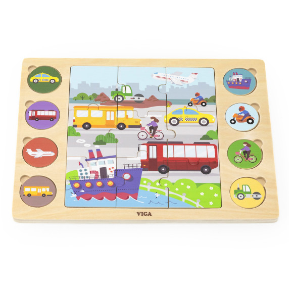 VIGA Wooden Puzzle Guess the Shadow - Means of Transport 17-piece puzzle