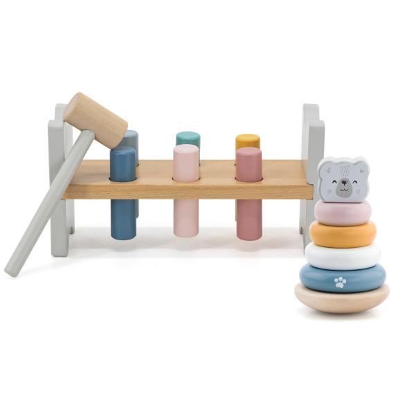 VIGA PolarB Set Wooden Pyramid + Polar Bear Hammer Punch Montessori