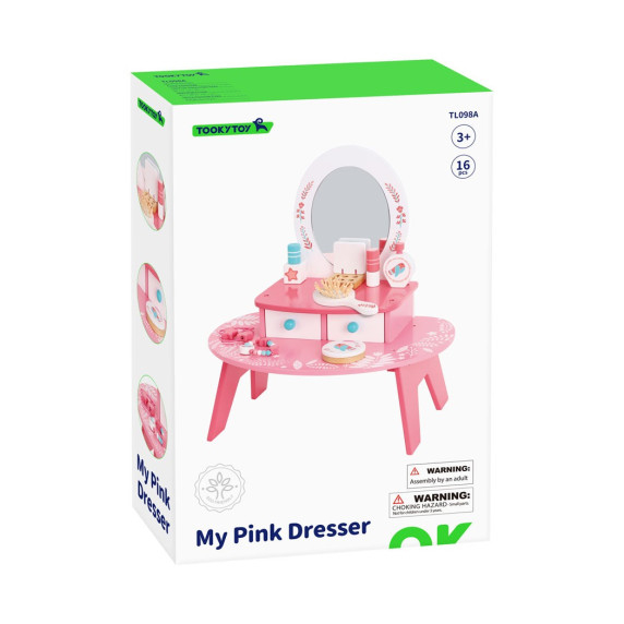 TOOKY TOY Pink Wooden Makeup Dressing Table with Mirror