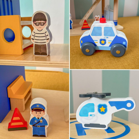 VIGA Wooden Police Station Police Car 3 levels 14 pieces