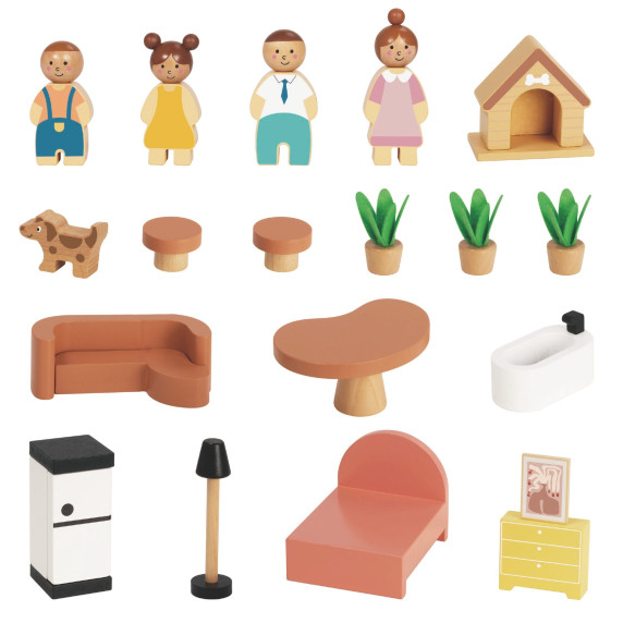 TOOKY TOY Wooden Dollhouse with Accessories and Family 20 pcs.
