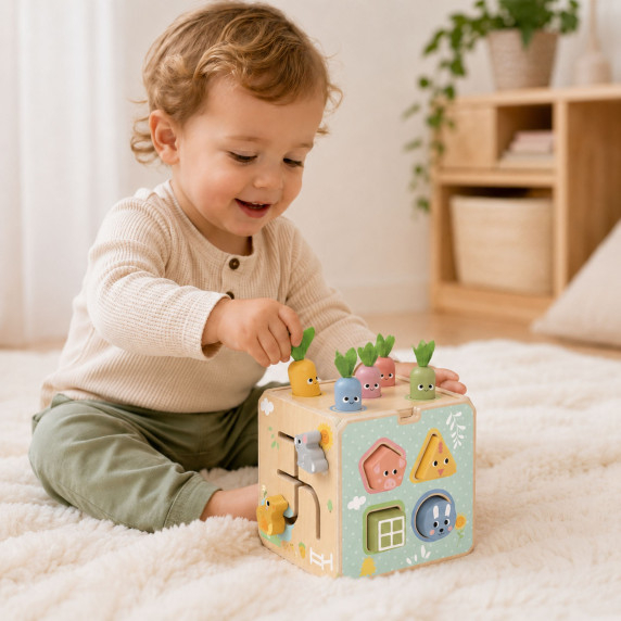 TOOKY TOY Wooden Spring Educational Cube 5-in-1