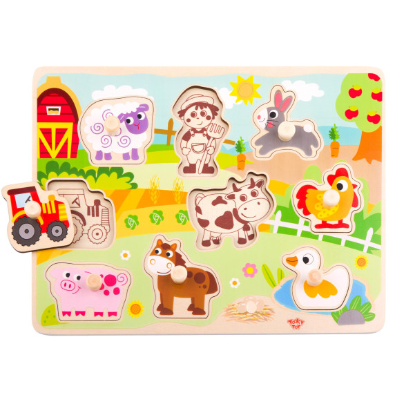 TOOKY TOY Wooden Montessori Puzzle Farm with Matching Pins