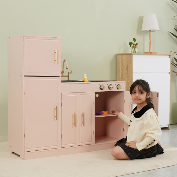 VIGA PolarB Wooden Interactive Kitchen Pink Set with Fridge and Sink