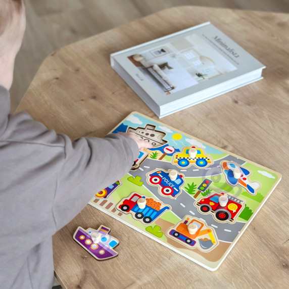 TOOKY TOY Wooden Montessori Puzzle Transport Vehicles with Matching Pins
