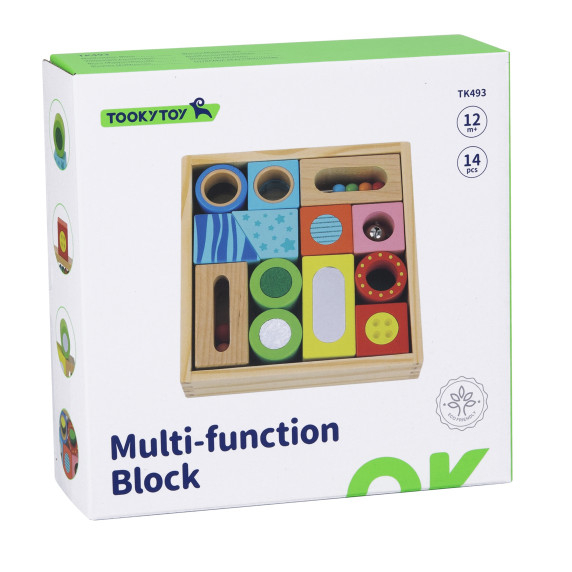 TOOKY TOY Wooden Box Sensory Blocks Multifunctional Puzzle Shapes Sound Touch 12 pcs.
