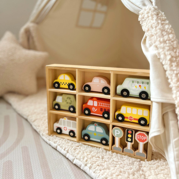 TOOKY TOY Set of Wooden Vehicles and Road Signs in a Box