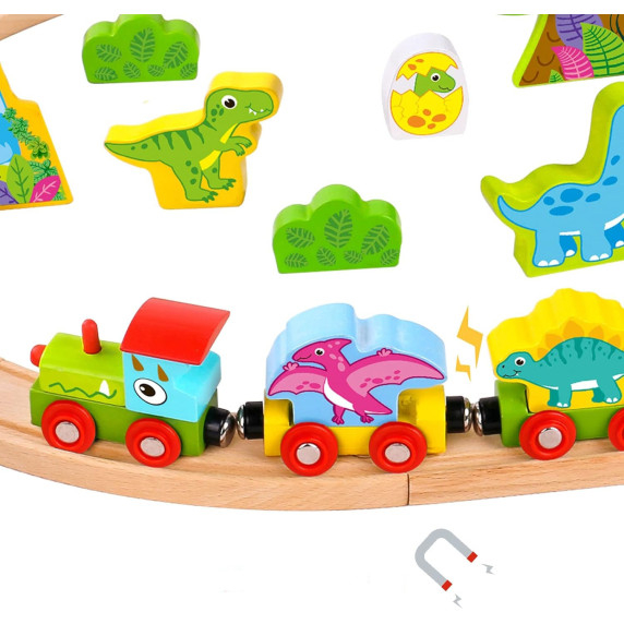 TOOKY TOY Wooden Magnetic Train Dinosaurs + Figures
