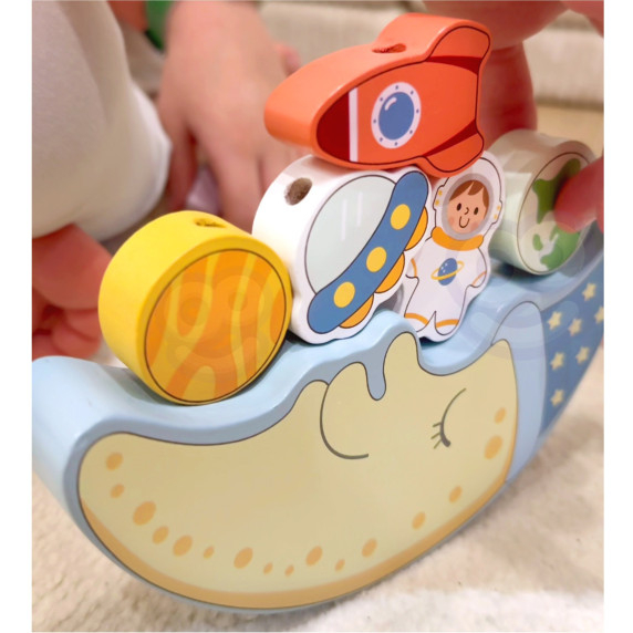 TOOKY TOY Cosmic Sleeping Moon Balancing Wooden Puzzle Threading Montessori Space