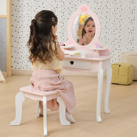 VIGA Large Wooden Dressing Table in White and Pink with Mirror and Chair