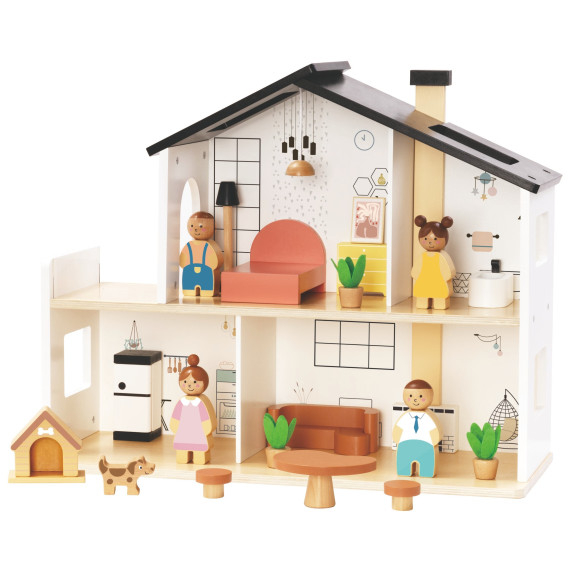 TOOKY TOY Wooden Dollhouse with Accessories and Family 20 pcs.