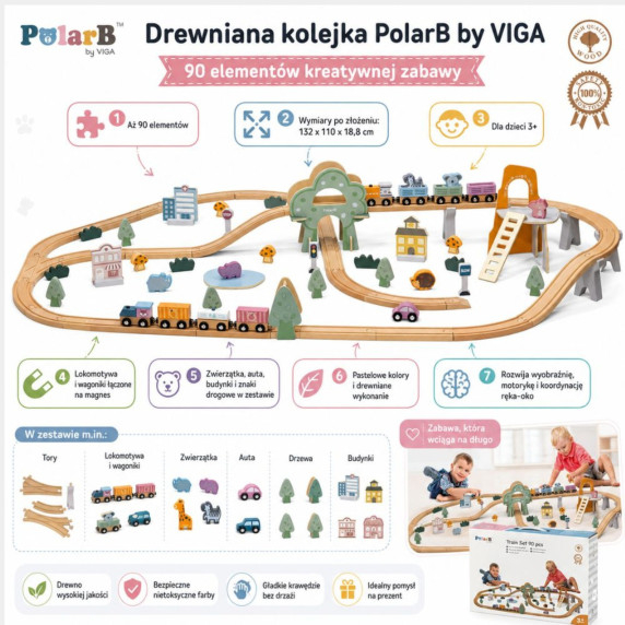 VIGA PolarB Wooden children's train track 90 pieces