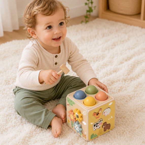 TOOKY TOY Wooden Spring Educational Cube 5-in-1