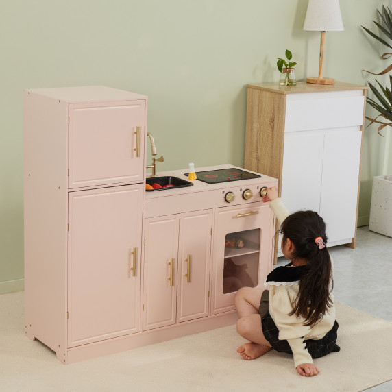 VIGA PolarB Wooden Interactive Kitchen Pink Set with Fridge and Sink