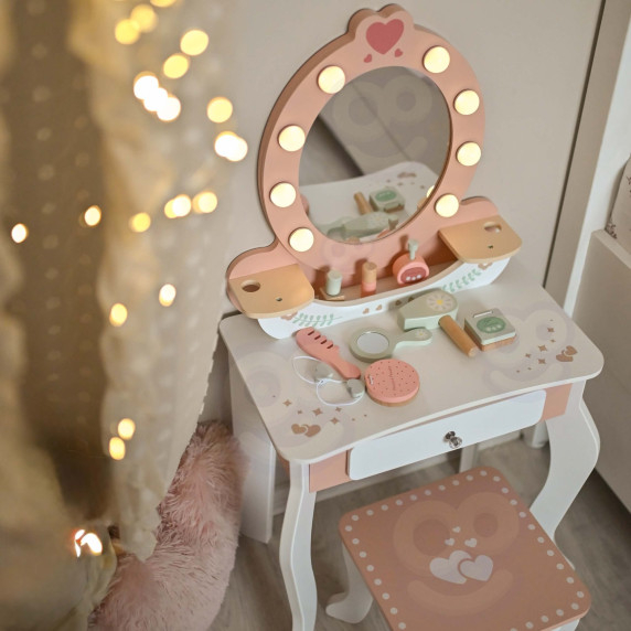 TOOKY TOY Wooden Dressing Table with Chair, Accessories, Mirror with LED Lighting + Cosmetics