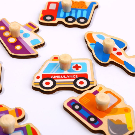 TOOKY TOY Wooden Montessori Puzzle Transport Vehicles with Matching Pins