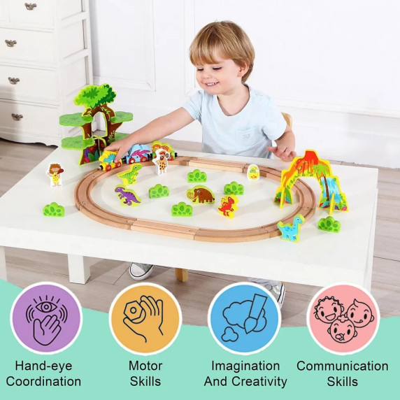 TOOKY TOY Wooden Magnetic Train Dinosaurs + Figures