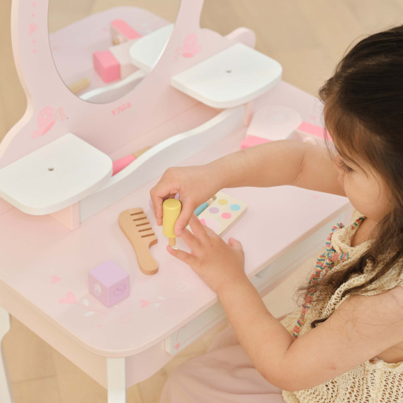 VIGA Large Wooden Dressing Table in White and Pink with Mirror and Chair
