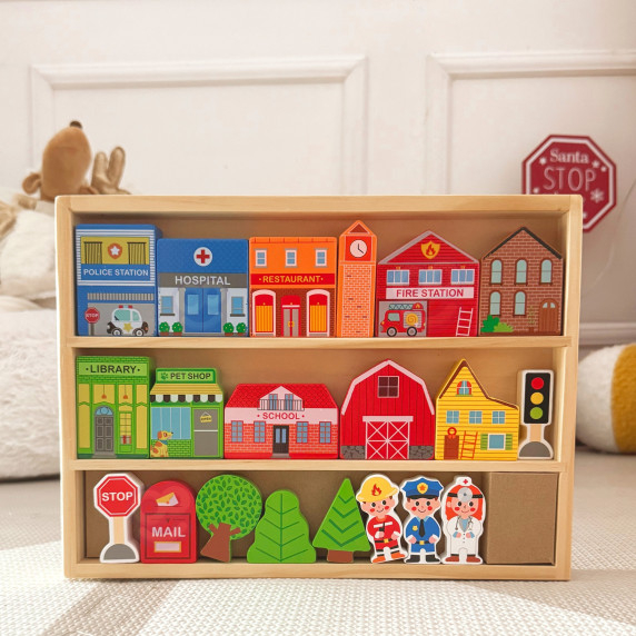 TOOKY TOY Wooden Set of Buildings and Figures City