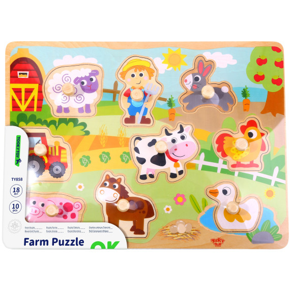 TOOKY TOY Wooden Montessori Puzzle Farm with Matching Pins
