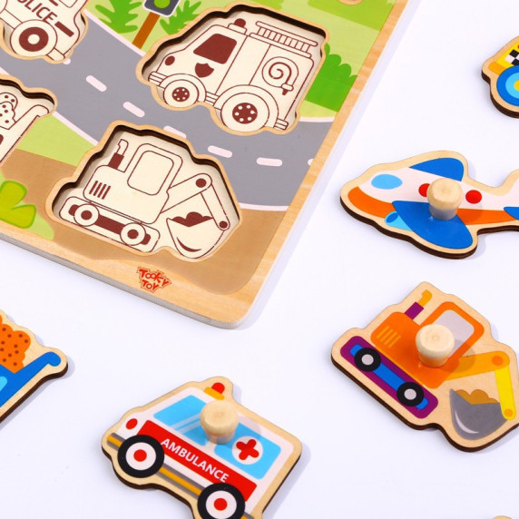 TOOKY TOY Wooden Montessori Puzzle Transport Vehicles with Matching Pins