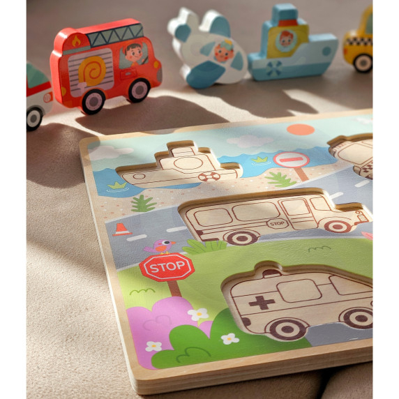 TOOKY TOY Wooden Montessori Puzzle Vehicles Cars Plane Ship City Match Shapes