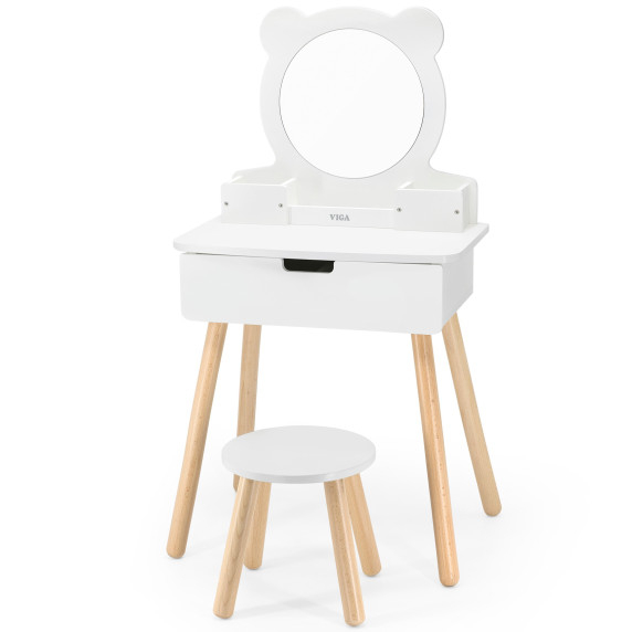 VIGA Large White Wooden Dressing Table with Mirror and Chair