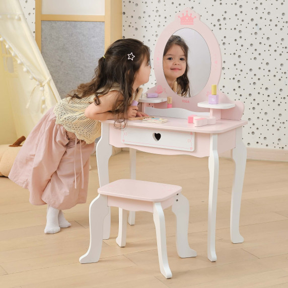 VIGA Large Wooden Dressing Table in White and Pink with Mirror and Chair