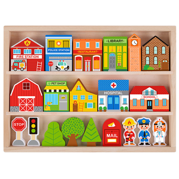 TOOKY TOY Wooden Set of Buildings and Figures City