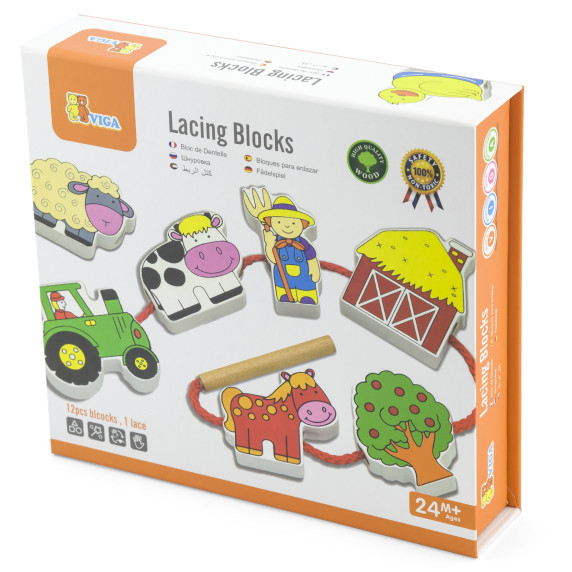 VIGA Wooden Intertwining Blocks Montessori Threading Farm