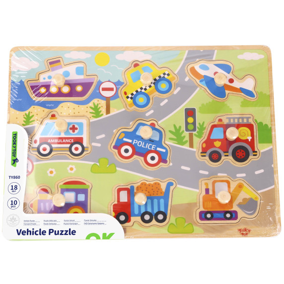 TOOKY TOY Wooden Montessori Puzzle Transport Vehicles with Matching Pins